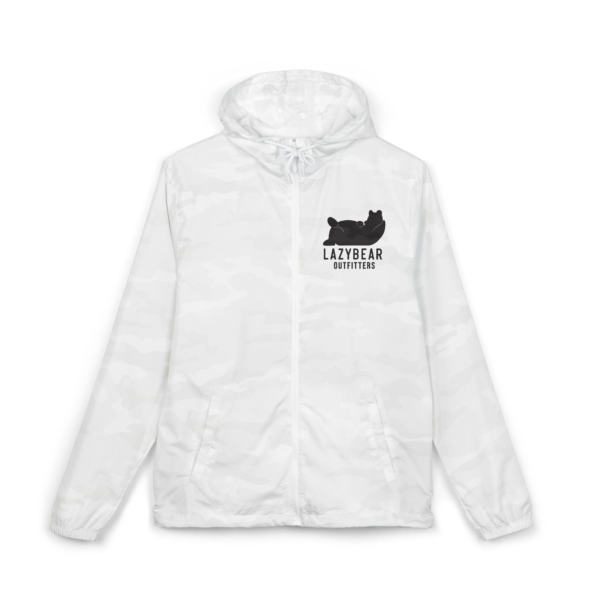 Windbreaker Jacket — 'Lazy Bear Brewing' Logo Chest Print, Lightweight Hooded Outerwear