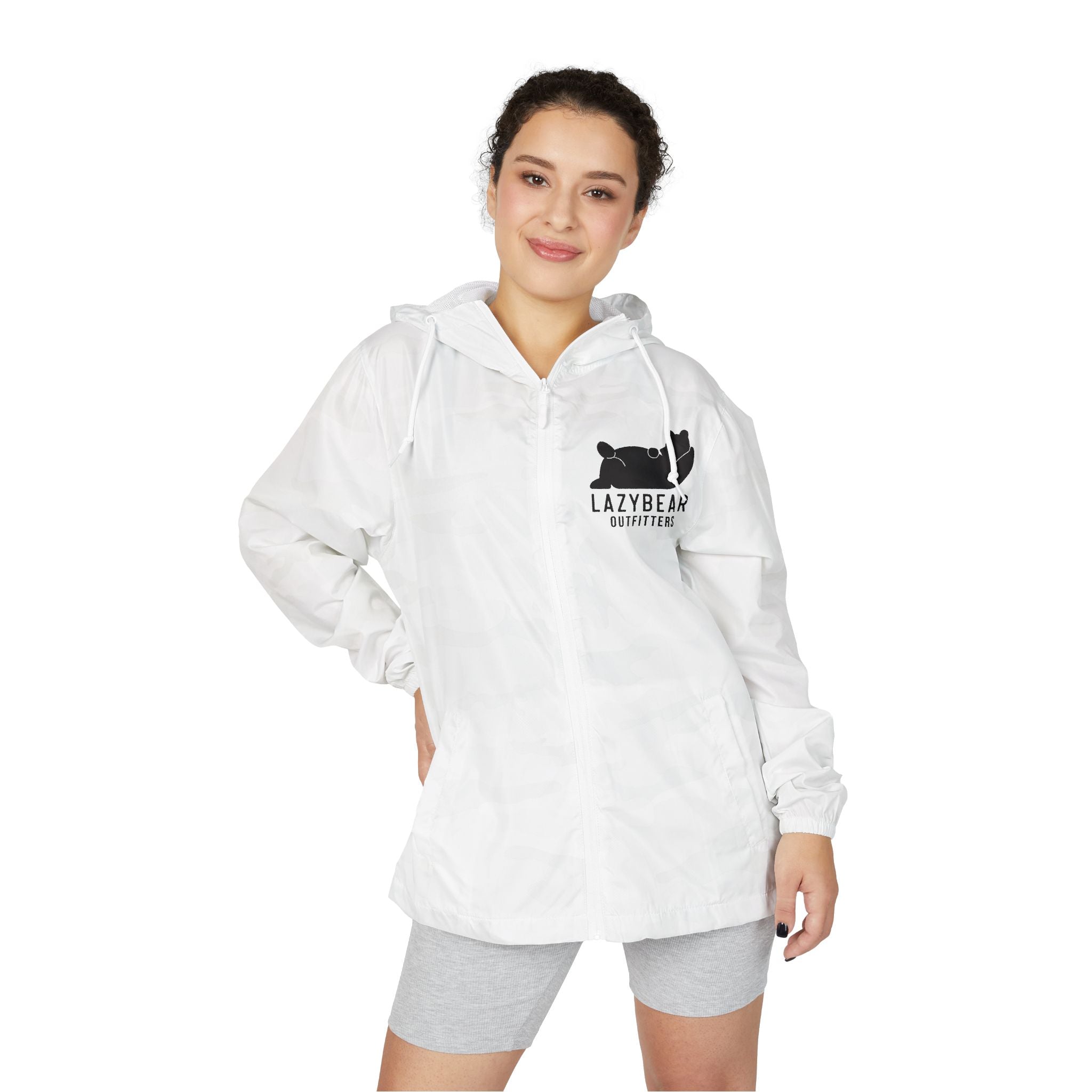 Windbreaker Jacket — 'Lazy Bear Brewing' Logo Chest Print, Lightweight Hooded Outerwear